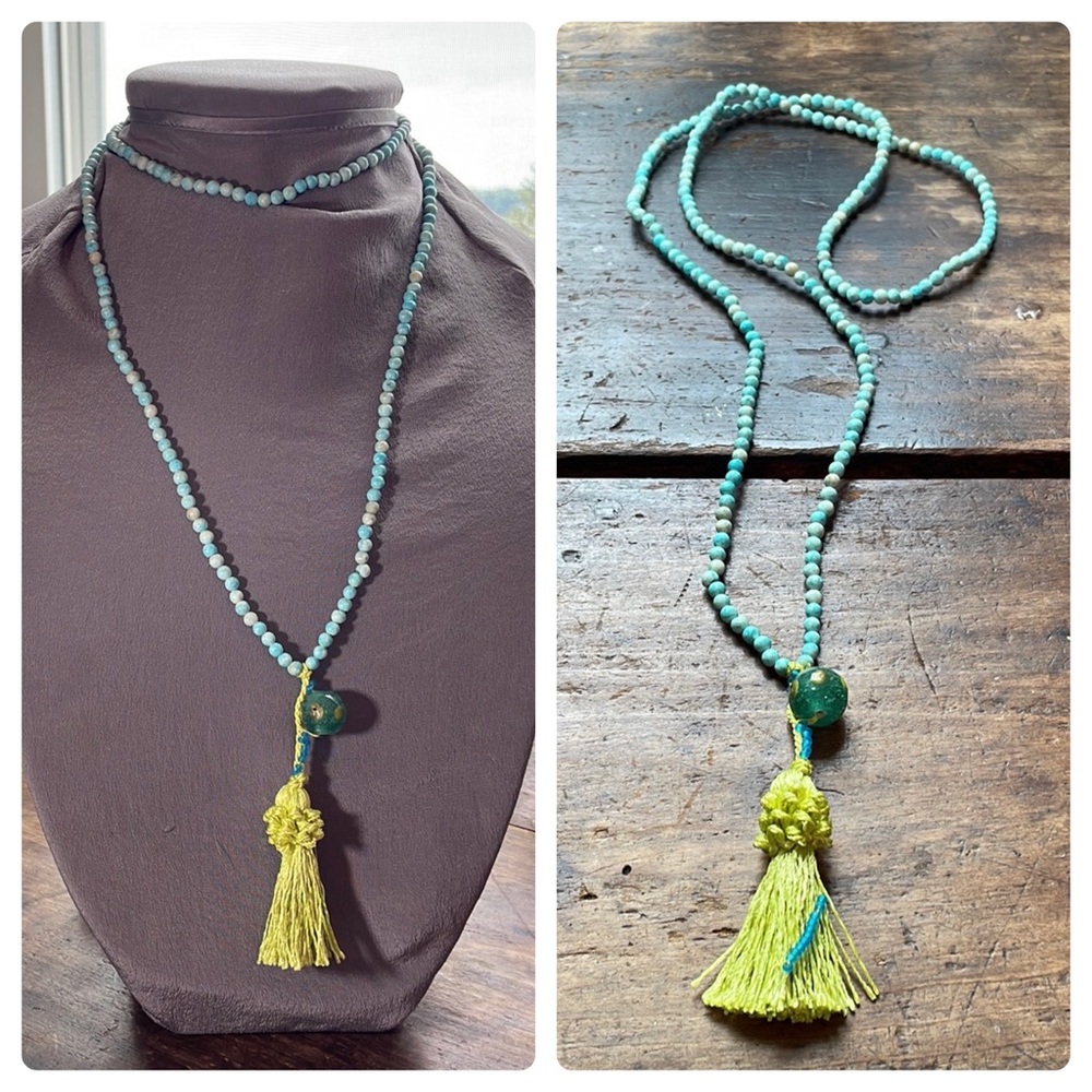BEAD & TASSEL Vintage & New Longline Necklace, Lime & Turquoise
